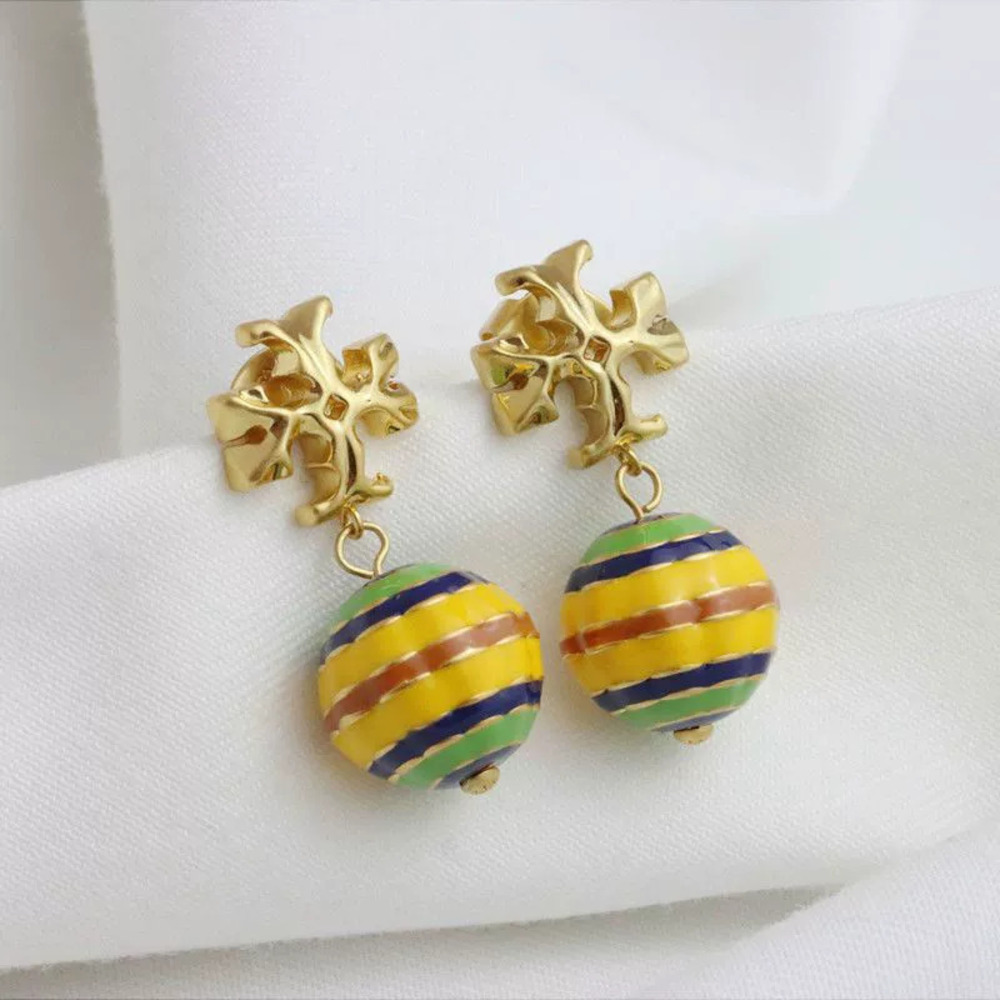Tory Burch Matte Gold Hand Painted Enamel Round Ball Stud Earrings Classic